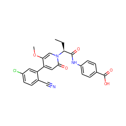 CC[C@@H](C(=O)Nc1ccc(C(=O)O)cc1)n1cc(OC)c(-c2cc(Cl)ccc2C#N)cc1=O ZINC001772613679