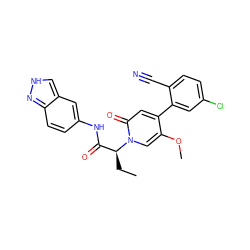 CC[C@@H](C(=O)Nc1ccc2n[nH]cc2c1)n1cc(OC)c(-c2cc(Cl)ccc2C#N)cc1=O ZINC001772576134