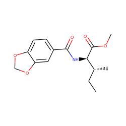 CC[C@@H](C)[C@@H](NC(=O)c1ccc2c(c1)OCO2)C(=O)OC ZINC000069531012