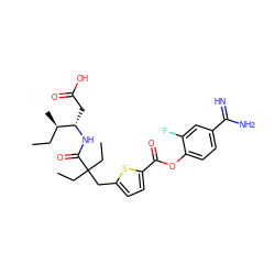 CC[C@@H](C)[C@H](CC(=O)O)NC(=O)C(CC)(CC)Cc1ccc(C(=O)Oc2ccc(C(=N)N)cc2F)s1 ZINC001772600950