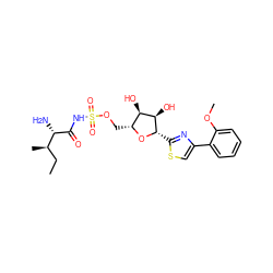 CC[C@@H](C)[C@H](N)C(=O)NS(=O)(=O)OC[C@H]1O[C@@H](c2nc(-c3ccccc3OC)cs2)[C@H](O)[C@@H]1O ZINC000027299775