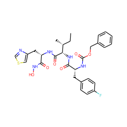 CC[C@@H](C)[C@H](NC(=O)[C@@H](Cc1ccc(F)cc1)NC(=O)OCc1ccccc1)C(=O)N[C@@H](Cc1cscn1)C(=O)NO ZINC000026500958