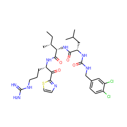 CC[C@@H](C)[C@H](NC(=O)[C@H](CC(C)C)NC(=O)NCc1ccc(Cl)c(Cl)c1)C(=O)N[C@@H](CCCNC(=N)N)C(=O)c1nccs1 ZINC000037868457