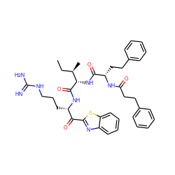 CC[C@@H](C)[C@H](NC(=O)[C@H](CCc1ccccc1)NC(=O)CCc1ccccc1)C(=O)N[C@@H](CCCNC(=N)N)C(=O)c1nc2ccccc2s1 ZINC001772602878