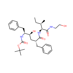 CC[C@@H](C)[C@H](NC(=O)[C@H](Cc1ccccc1)C[C@H](O)[C@H](Cc1ccccc1)NC(=O)OC(C)(C)C)C(=O)NCCO ZINC000014943394