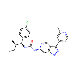 CC[C@@H](C)[C@H](NC(=O)Nc1cc2[nH]nc(-c3ccnc(C)c3)c2cn1)c1ccc(Cl)cc1 ZINC000219764220