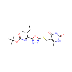 CC[C@@H](C)[C@H](NC(=O)OC(C)(C)C)c1nnc(SCc2c(C)[nH]c(=O)[nH]c2=O)o1 ZINC000001899654