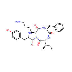 CC[C@@H](C)[C@H]1NC(=O)[C@H](Cc2ccccc2)NC(=O)[C@H](CCCCN)N(C(=O)[C@@H](N)Cc2ccc(O)cc2)C1=O ZINC000026262540
