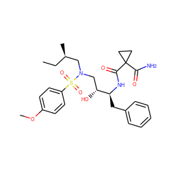 CC[C@@H](C)CN(C[C@@H](O)[C@H](Cc1ccccc1)NC(=O)C1(C(N)=O)CC1)S(=O)(=O)c1ccc(OC)cc1 ZINC000040918191