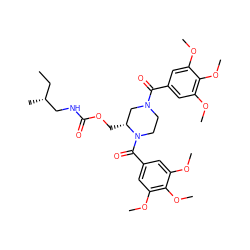 CC[C@@H](C)CNC(=O)OC[C@@H]1CN(C(=O)c2cc(OC)c(OC)c(OC)c2)CCN1C(=O)c1cc(OC)c(OC)c(OC)c1 ZINC000003914872