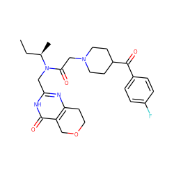 CC[C@@H](C)N(Cc1nc2c(c(=O)[nH]1)COCC2)C(=O)CN1CCC(C(=O)c2ccc(F)cc2)CC1 ZINC000208813523