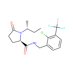 CC[C@@H](C)N1C(=O)CC[C@@H]1C(=O)NCc1cccc(C(F)(F)F)c1Cl ZINC000095565104