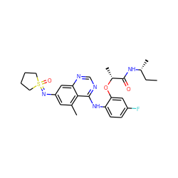 CC[C@@H](C)NC(=O)[C@@H](C)Oc1cc(F)ccc1Nc1ncnc2cc(N=S3(=O)CCCC3)cc(C)c12 ZINC001772656067