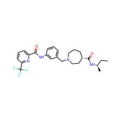 CC[C@@H](C)NC(=O)[C@H]1CCCN(Cc2cccc(NC(=O)c3cccc(C(F)(F)F)n3)c2)CC1 ZINC000210693558