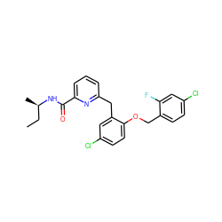 CC[C@@H](C)NC(=O)c1cccc(Cc2cc(Cl)ccc2OCc2ccc(Cl)cc2F)n1 ZINC000095596782