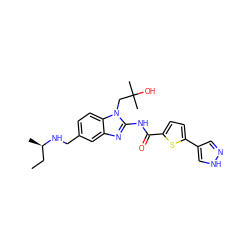 CC[C@@H](C)NCc1ccc2c(c1)nc(NC(=O)c1ccc(-c3cn[nH]c3)s1)n2CC(C)(C)O ZINC000040955230