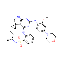 CC[C@@H](C)NS(=O)(=O)c1ccccc1Nc1nc(Nc2ccc(N3CCOCC3)cc2OC)nc2c1C1(CC1)CN2 ZINC000221699292