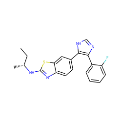 CC[C@@H](C)Nc1nc2ccc(-c3[nH]cnc3-c3ccccc3F)cc2s1 ZINC000029041803