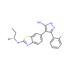 CC[C@@H](C)Nc1nc2ccc(-c3c(-c4ccccc4F)n[nH]c3N)cc2s1 ZINC000029041809