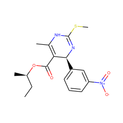 CC[C@@H](C)OC(=O)C1=C(C)NC(SC)=N[C@H]1c1cccc([N+](=O)[O-])c1 ZINC000299858358