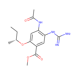 CC[C@@H](C)Oc1cc(NC(C)=O)c(NC(=N)N)cc1C(=O)OC ZINC000040956580