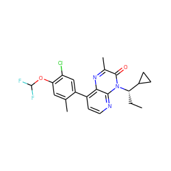 CC[C@@H](C1CC1)n1c(=O)c(C)nc2c(-c3cc(Cl)c(OC(F)F)cc3C)ccnc21 ZINC000084689325