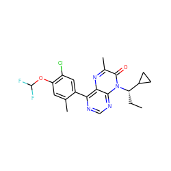 CC[C@@H](C1CC1)n1c(=O)c(C)nc2c(-c3cc(Cl)c(OC(F)F)cc3C)ncnc21 ZINC000084689407