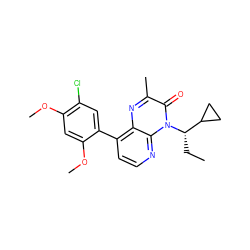 CC[C@@H](C1CC1)n1c(=O)c(C)nc2c(-c3cc(Cl)c(OC)cc3OC)ccnc21 ZINC000084709647