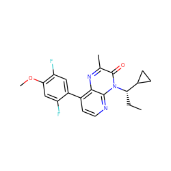 CC[C@@H](C1CC1)n1c(=O)c(C)nc2c(-c3cc(F)c(OC)cc3F)ccnc21 ZINC000084688756