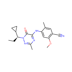 CC[C@@H](C1CC1)n1nc(C)nc(Nc2cc(OC)c(C#N)cc2C)c1=O ZINC000049785315