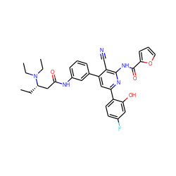 CC[C@@H](CC(=O)Nc1cccc(-c2cc(-c3ccc(F)cc3O)nc(NC(=O)c3ccco3)c2C#N)c1)N(CC)CC ZINC000053299145