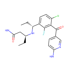 CC[C@@H](CC(N)=O)N[C@H](CC)c1ccc(Cl)c(C(=O)c2ccc(N)nc2)c1F ZINC001772650313