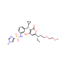 CC[C@@H](CCOCCOC)c1cc(O)c([C@H](c2cccc(NS(=O)(=O)c3cn(C)cn3)c2)C2CC2)c(=O)o1 ZINC000014943339