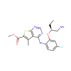 CC[C@@H](CN)Oc1cc(F)ccc1Nc1ncnc2sc(C(=O)OC)c(C)c12 ZINC000118738946