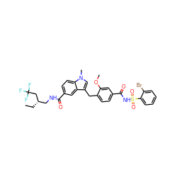 CC[C@@H](CNC(=O)c1ccc2c(c1)c(Cc1ccc(C(=O)NS(=O)(=O)c3ccccc3Br)cc1OC)cn2C)CC(F)(F)F ZINC000028755372