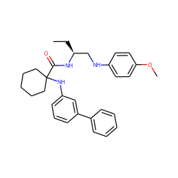 CC[C@@H](CNc1ccc(OC)cc1)NC(=O)C1(Nc2cccc(-c3ccccc3)c2)CCCCC1 ZINC000028571779