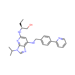 CC[C@@H](CO)Nc1cc(NCc2ccc(-c3ccccn3)cc2)c2ncn(C(C)C)c2n1 ZINC000059047085