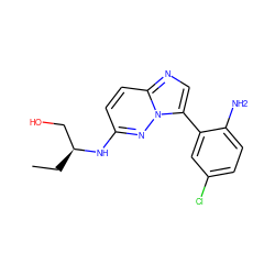 CC[C@@H](CO)Nc1ccc2ncc(-c3cc(Cl)ccc3N)n2n1 ZINC001772600005