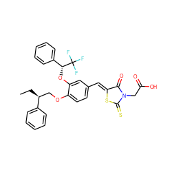 CC[C@@H](COc1ccc(/C=C2\SC(=S)N(CC(=O)O)C2=O)cc1O[C@H](c1ccccc1)C(F)(F)F)c1ccccc1 ZINC000028367542