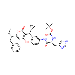 CC[C@@H](Cc1ccccc1)c1cc(O)c([C@H](c2cccc(NC(=O)[C@H](Cc3c[nH]cn3)NC(=O)OC(C)(C)C)c2)C2CC2)c(=O)o1 ZINC000014943513