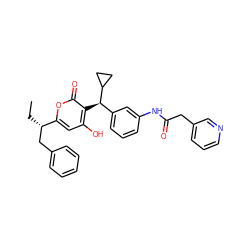 CC[C@@H](Cc1ccccc1)c1cc(O)c([C@H](c2cccc(NC(=O)Cc3cccnc3)c2)C2CC2)c(=O)o1 ZINC000026482460