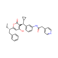 CC[C@@H](Cc1ccccc1)c1cc(O)c([C@H](c2cccc(NC(=O)Cc3ccncc3)c2)C2CC2)c(=O)o1 ZINC000003831999