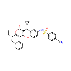 CC[C@@H](Cc1ccccc1)c1cc(O)c([C@H](c2cccc(NS(=O)(=O)c3ccc(C#N)cc3)c2)C2CC2)c(=O)o1 ZINC000003815643