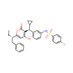 CC[C@@H](Cc1ccccc1)c1cc(O)c([C@H](c2cccc(NS(=O)(=O)c3ccc(Cl)cc3)c2)C2CC2)c(=O)o1 ZINC000003815648