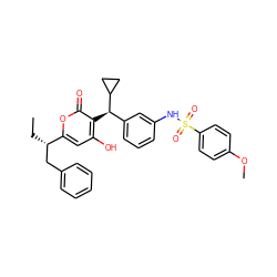 CC[C@@H](Cc1ccccc1)c1cc(O)c([C@H](c2cccc(NS(=O)(=O)c3ccc(OC)cc3)c2)C2CC2)c(=O)o1 ZINC000003815651