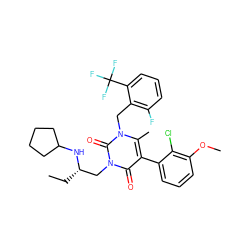 CC[C@@H](Cn1c(=O)c(-c2cccc(OC)c2Cl)c(C)n(Cc2c(F)cccc2C(F)(F)F)c1=O)NC1CCCC1 ZINC000029045511