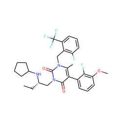 CC[C@@H](Cn1c(=O)c(-c2cccc(OC)c2F)c(C)n(Cc2c(F)cccc2C(F)(F)F)c1=O)NC1CCCC1 ZINC000029045816