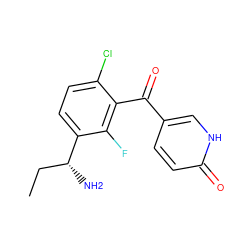 CC[C@@H](N)c1ccc(Cl)c(C(=O)c2ccc(=O)[nH]c2)c1F ZINC000220746281