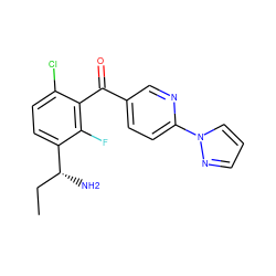 CC[C@@H](N)c1ccc(Cl)c(C(=O)c2ccc(-n3cccn3)nc2)c1F ZINC000220740345