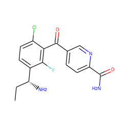 CC[C@@H](N)c1ccc(Cl)c(C(=O)c2ccc(C(N)=O)nc2)c1F ZINC000220717377